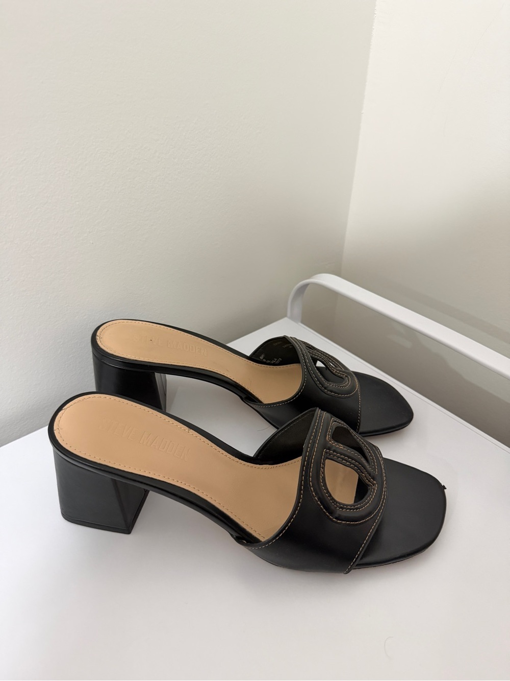 Steve Madden Black Leather Block Heel Slide Sandals